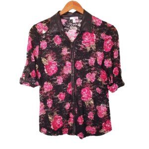 Womens Black/Pink floral 3/4 Sleeve Bongo sheer collared Top (LARGE)